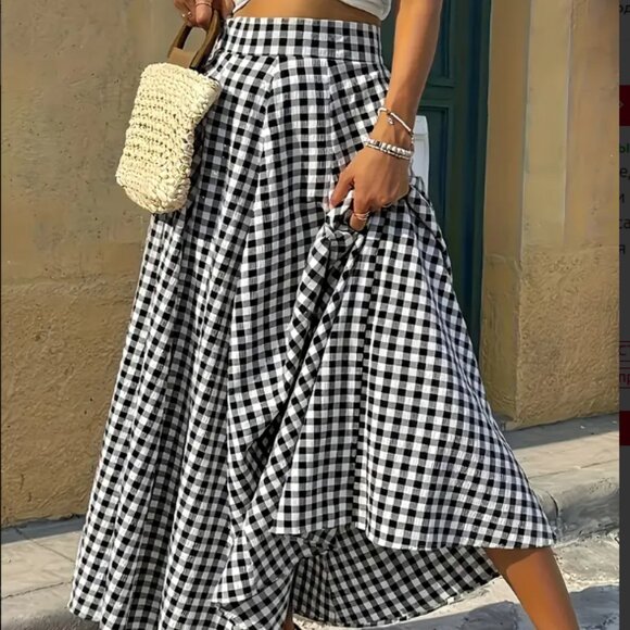 Black & White Gingham Maxi Skirt A-Line High Waist A-Line with Pockets - Picture 4 of 8